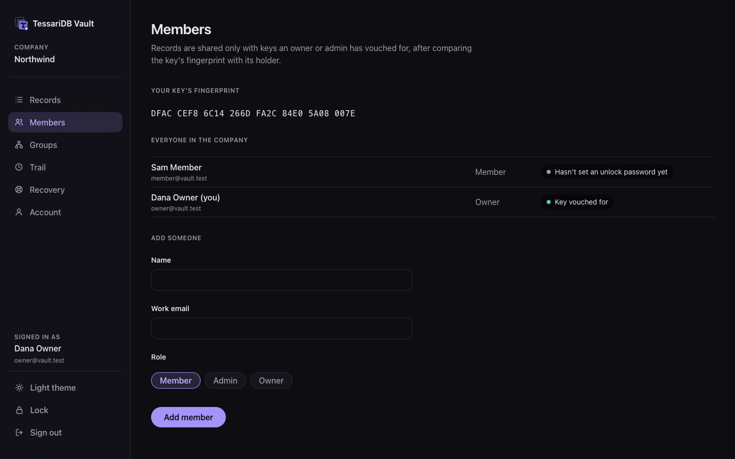 The members page: the owner's key fingerprint, a member who has not set an unlock password yet, and the owner whose key is vouched for