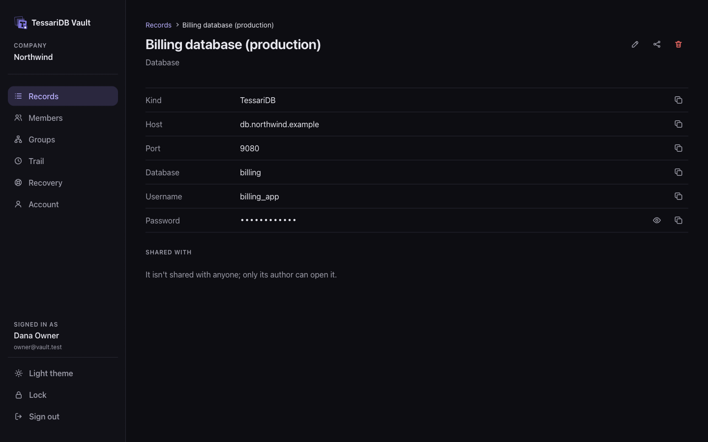 A database record opened in the browser: kind, host, port, database, username and a hidden password, each with a copy button